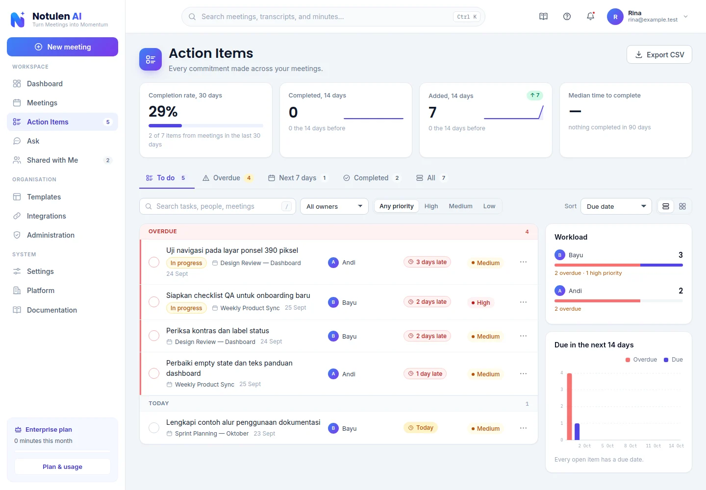 Action items board in Notulen AI